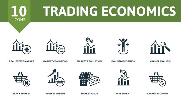 Trading Economics set icon. Editable icons trading economics theme such as real estate market, market regulation, market analysis and more.