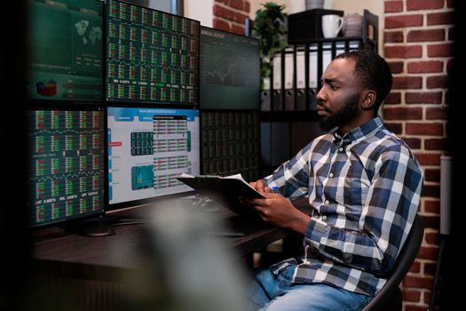 Forex stock market trader having clipboard while doing financial analysis using specialized software.