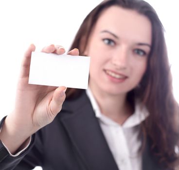 attractive business woman showing blank business card.