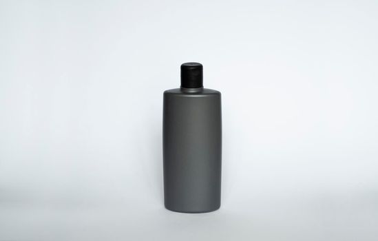 Men's gray shower gel bottle, front view template. Container of conditioner, hair rinse.