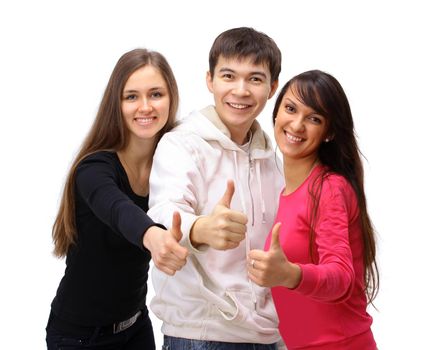 Two girls and one guy show the thumbs up. Isolated on white background