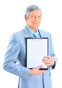 Nice businessman at the age, shows the plan of work. Isolated on a white background.