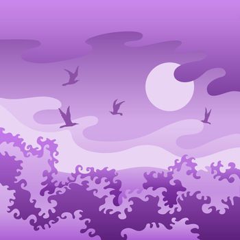 Evening violet landscape with birds