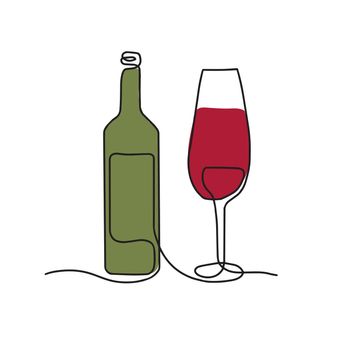 Wine bottle and glass vector illustration. One line drawing. Vector illustration continuous line drawing.