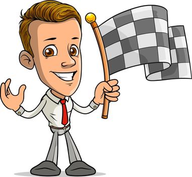 Cartoon smiling boy character with racing flag