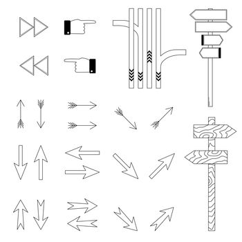 Hand drawn set of pointers to help find the way. Arrows indicating the direction. Doodle style. Vector
