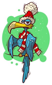Funny blue bird in christmas hat and scarf