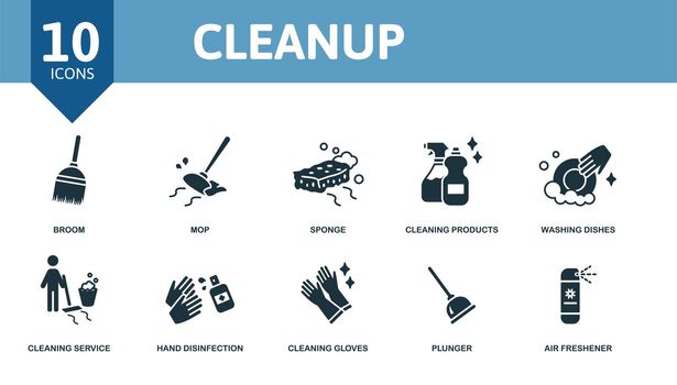 Cleanup set icon. Editable icons cleanup theme such as broom, sponge, washing dishes and more.