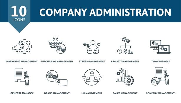Company Administration set icon. Editable icons company administration theme such as marketing management, stress management, it management and more.