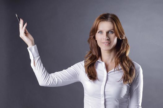 confident business woman shows up on copy space