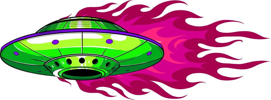 UFO flying saucer with flames vector illustration design