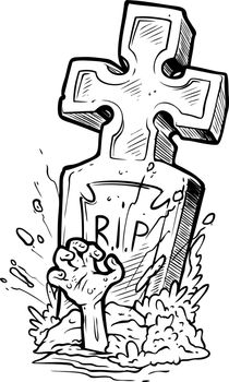 Cartoon tomb gravestone cross and zombie hand