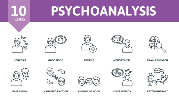 Psychoanalysis set icon. Editable icons psychoanalysis theme such as neurosis, patient, brain research and more.