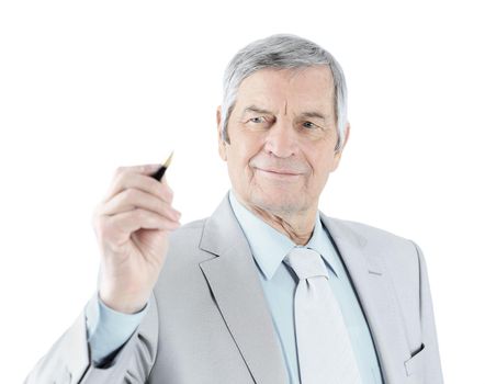 Businessman in age, writes in the air. Isolated on a white background.