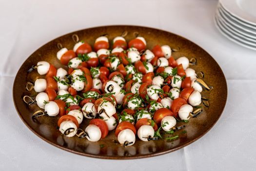 mozzarella with tomatoes, skewers on a plate