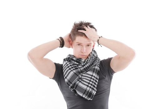 young man in a t-shirt and scarf.isolated on a white