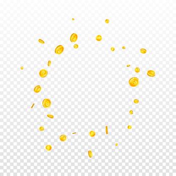 Bitcoin, internet currency coins falling. Fascinating scattered BTC coins. Cryptocurrency, digital money. Breathtaking jackpot, wealth or success concept. Vector illustration.