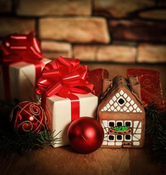 gingerbread house,Christmas balls and Christmas gifts