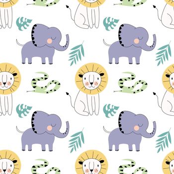 Safari childish seamless pattern vector illustration with lion, elephant, snake, with green leaves on white background. EPS