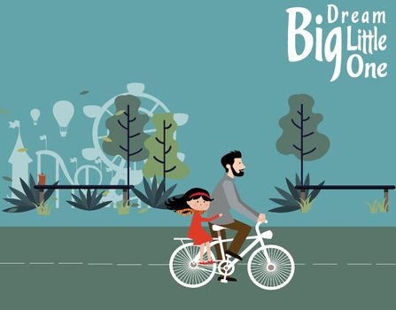 you can use father biking a bicycle with his daughter riding on a road to design banners, posters, backgrounds,..etc.