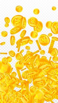 Korean won coins falling. Powerful scattered WON coins. Korea money. Alluring jackpot, wealth or success concept. Vector illustration.