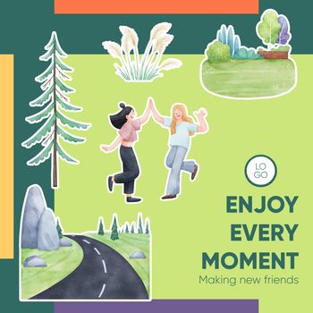 Sticker template with friendship memories concept,watercolor style