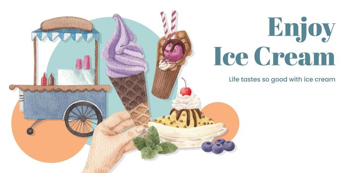 Blog header template with ice cream flavor concept,watercolor style
