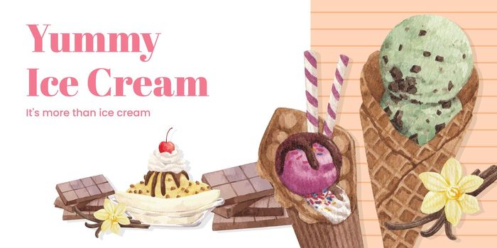 Blog header template with ice cream flavor concept,watercolor style