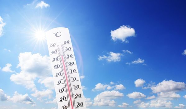 Thermometer with celsius scale showing extreme high temperature.