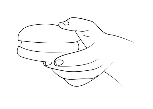 Hamburger hold in hand outline vector illustration.