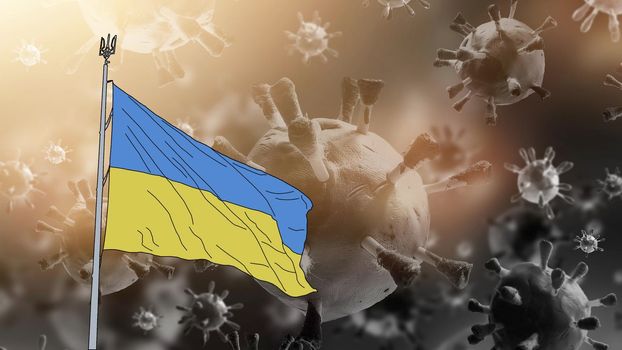 Coronavirus in Ukraine. Coronavirus danger. Novel coronavirus (2019-nCoV), Abstract virus strain model. Coronavirus on the background of the flag of Ukraine.