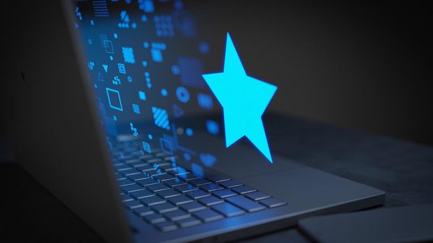 Star review online hologram style on laptop 3D Render