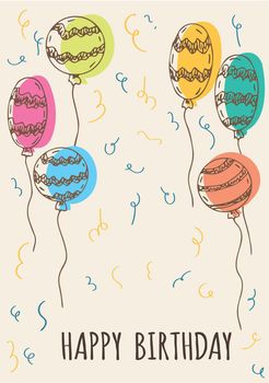 Happy birthday doodle Vector card hand drawn in delicate colors with air balloons. Simple Birthday poster or banner in doodle style.