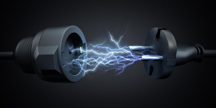Lightnings between electric plug and power socket. Electrical energy concept. 3D illustration
