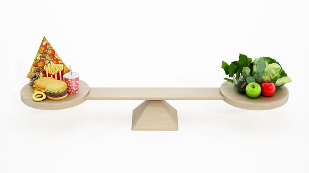 Fast food versus healthy food standing in balance at two ends of the seesaw. 3D illustration