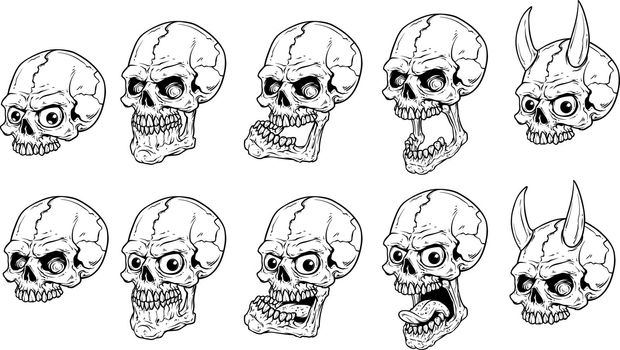 Graphic realistic scary human skulls vector set