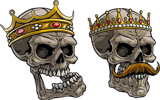 Cartoon human skulls with golden king crown