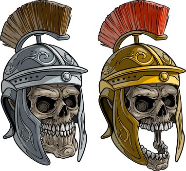 Cartoon human skulls in roman soldier helmet