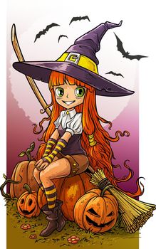 Cartoon cute little witch with halloween pumpkins