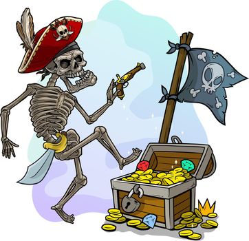 Cartoon human skeleton in pirate hat with treasure