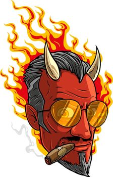 Cartoon burning devil man with horns and cigar