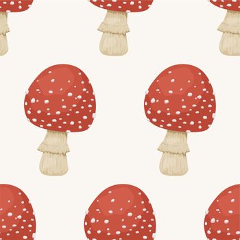 Vector Seamless Pattern with Poisonous Inedible Mushroom. Hand Drawn Cartoon Red Fly Agaric Mushroom Isolated on White. Amanita Muscaria, Fly Agaric Mushrooms