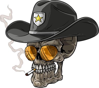 Cartoon sheriff skull with hat and cigarette
