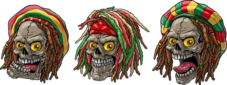 Cartoon jamaican rasta skulls with dreadlocks