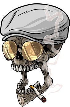 Cartoon human skull in peaked cap and eyeglasses