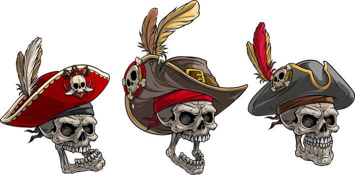 Cartoon human skulls in pirate hat with feathers