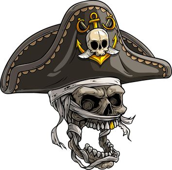 Cartoon mummy skull in pirate hat with anchor