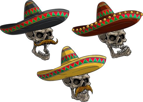 Cartoon human skulls in mexican sombrero hat
