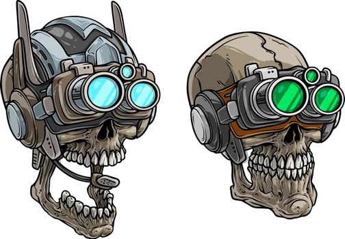 Cartoon cyborg soldier skull in futuristic glasses