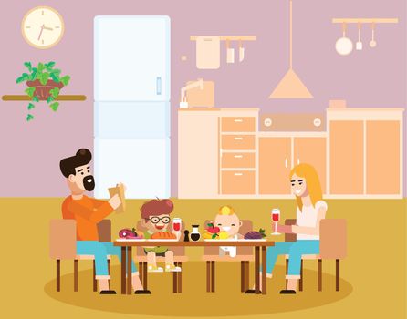 Happy Cartoon Family Have Dinner at Home Together